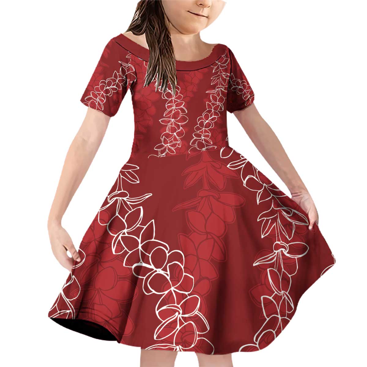Hawaii Plumeria Lei Family Matching Off Shoulder Short Dress and Hawaiian Shirt Aloha Festive Vibe - Crimson LT7 Daughter's Dress Crimson - Polynesian Pride
