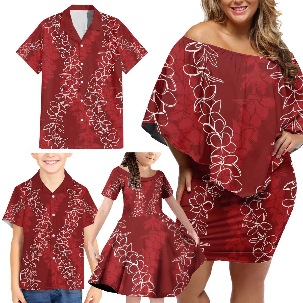 Hawaii Plumeria Lei Family Matching Off Shoulder Short Dress and Hawaiian Shirt Aloha Festive Vibe - Crimson LT7 - Polynesian Pride