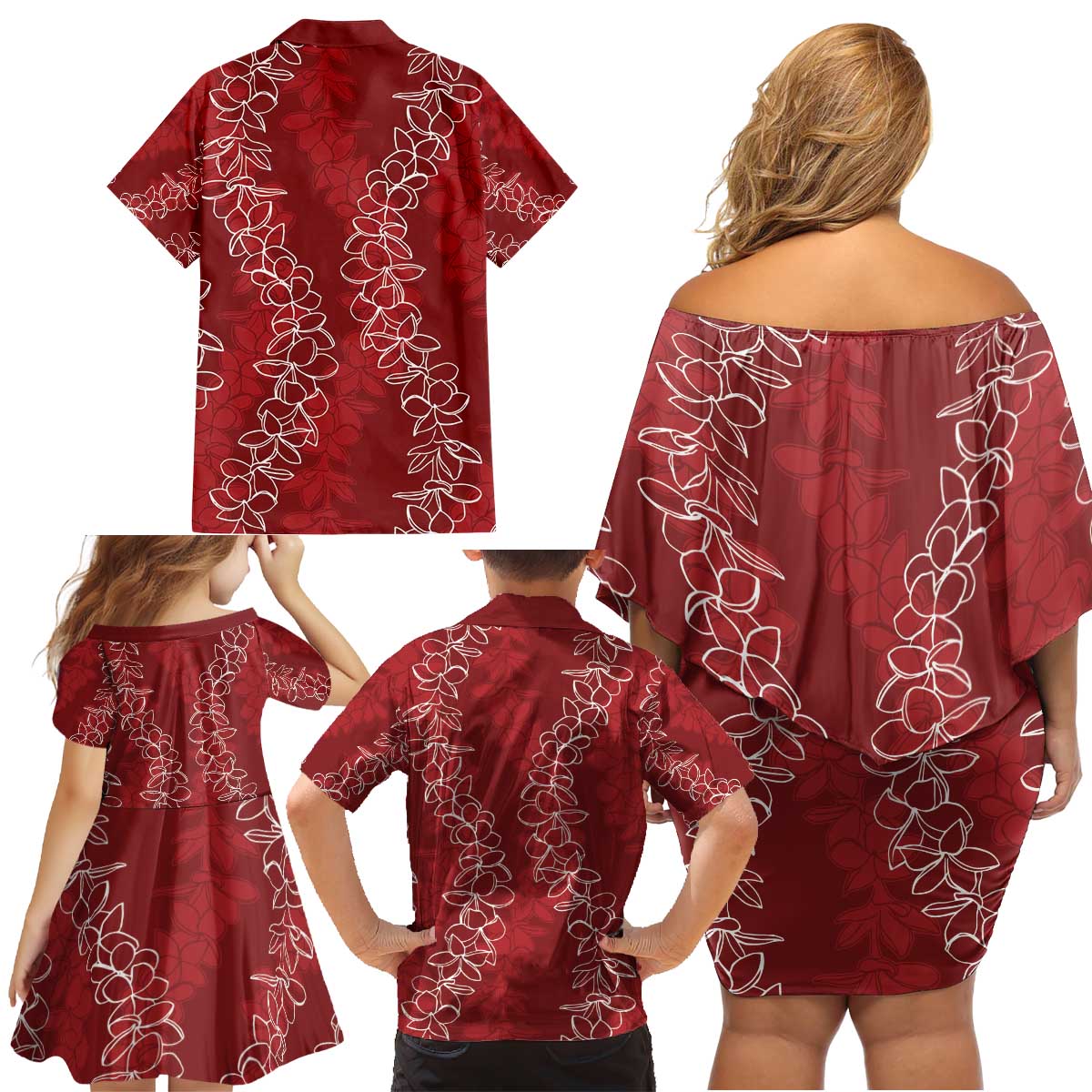 Hawaii Plumeria Lei Family Matching Off Shoulder Short Dress and Hawaiian Shirt Aloha Festive Vibe - Crimson LT7 - Polynesian Pride