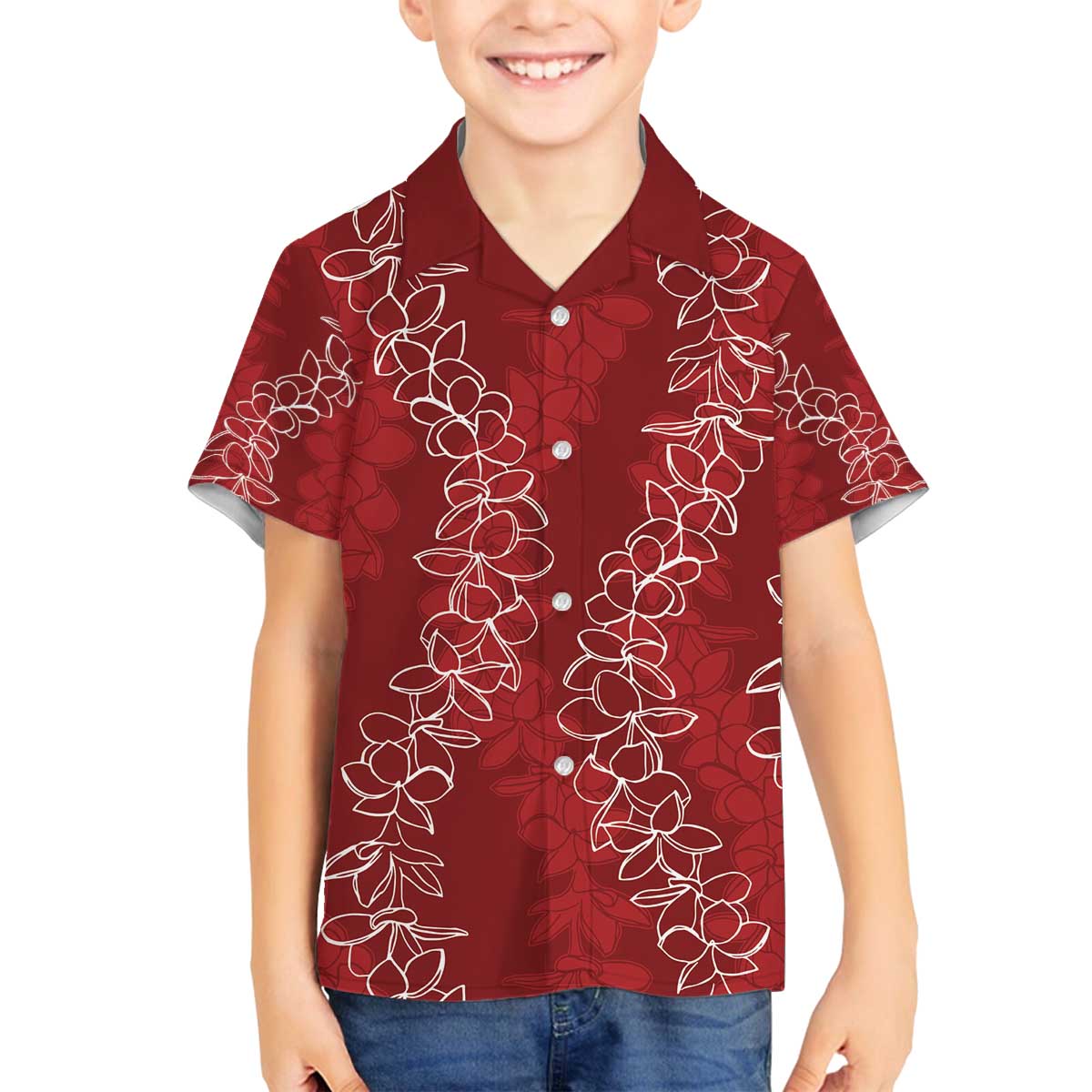 Hawaii Plumeria Lei Family Matching Off Shoulder Short Dress and Hawaiian Shirt Aloha Festive Vibe - Crimson LT7 Son's Shirt Crimson - Polynesian Pride