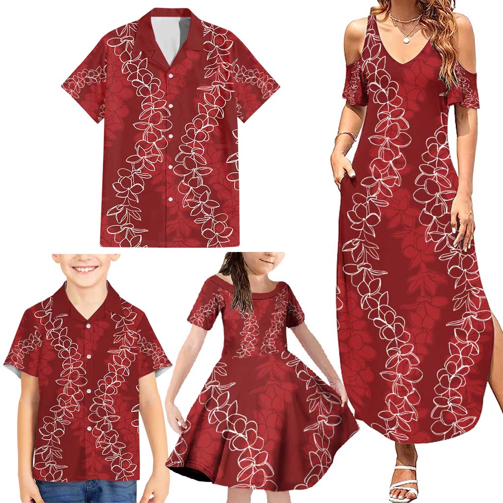 Hawaii Plumeria Lei Family Matching Summer Maxi Dress and Hawaiian Shirt Aloha Festive Vibe - Crimson LT7 - Polynesian Pride