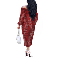 Hawaii Plumeria Lei Off The Shoulder Long Sleeve Dress Aloha Festive Vibe - Crimson LT7 - Polynesian Pride