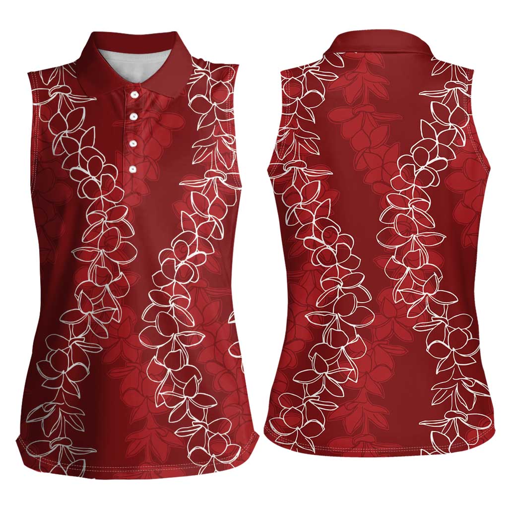 Hawaii Plumeria Lei Women Sleeveless Polo Shirt Aloha Festive Vibe - Crimson LT7 - Polynesian Pride