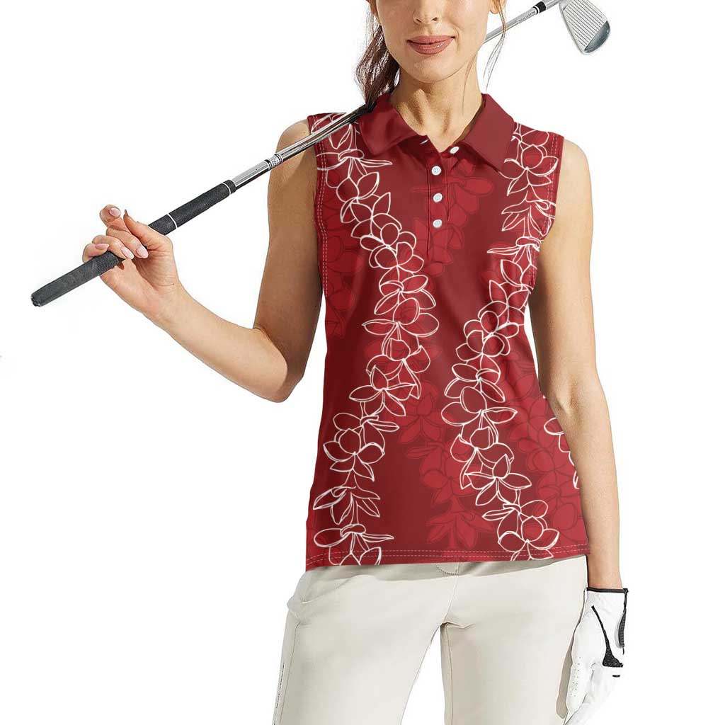 Hawaii Plumeria Lei Women Sleeveless Polo Shirt Aloha Festive Vibe - Crimson LT7 - Polynesian Pride