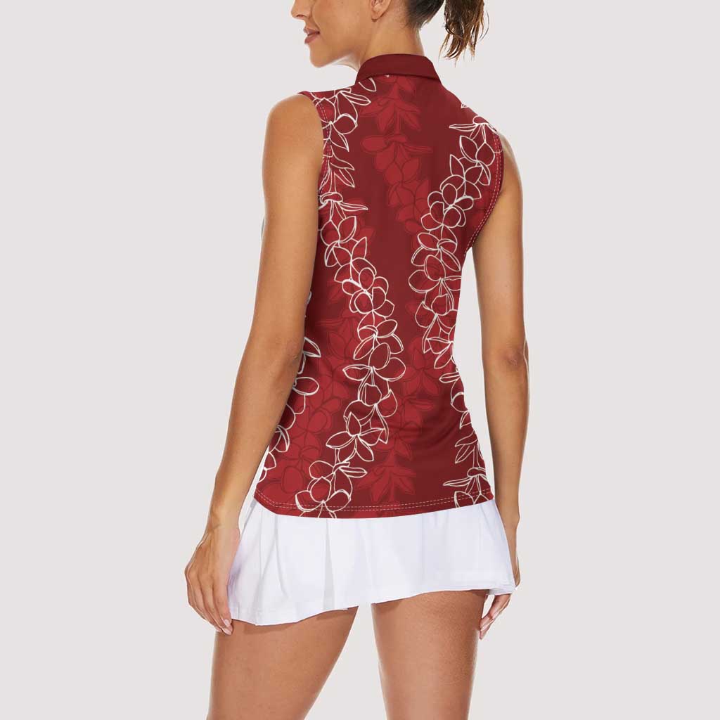 Hawaii Plumeria Lei Women Sleeveless Polo Shirt Aloha Festive Vibe - Crimson LT7 - Polynesian Pride