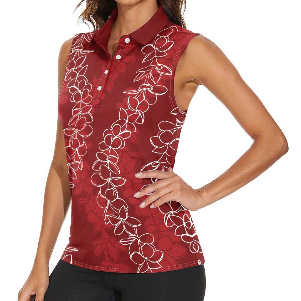 Hawaii Plumeria Lei Women Sleeveless Polo Shirt Aloha Festive Vibe - Crimson LT7 - Polynesian Pride