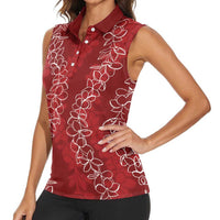 Hawaii Plumeria Lei Women Sleeveless Polo Shirt Aloha Festive Vibe - Crimson LT7 - Polynesian Pride