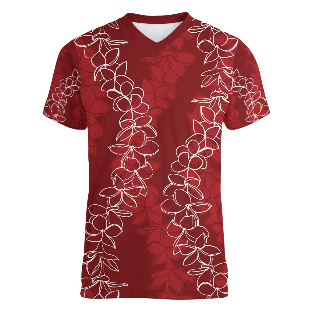 Hawaii Plumeria Lei Women V-Neck T-Shirt Aloha Festive Vibe - Crimson LT7 Female Crimson - Polynesian Pride