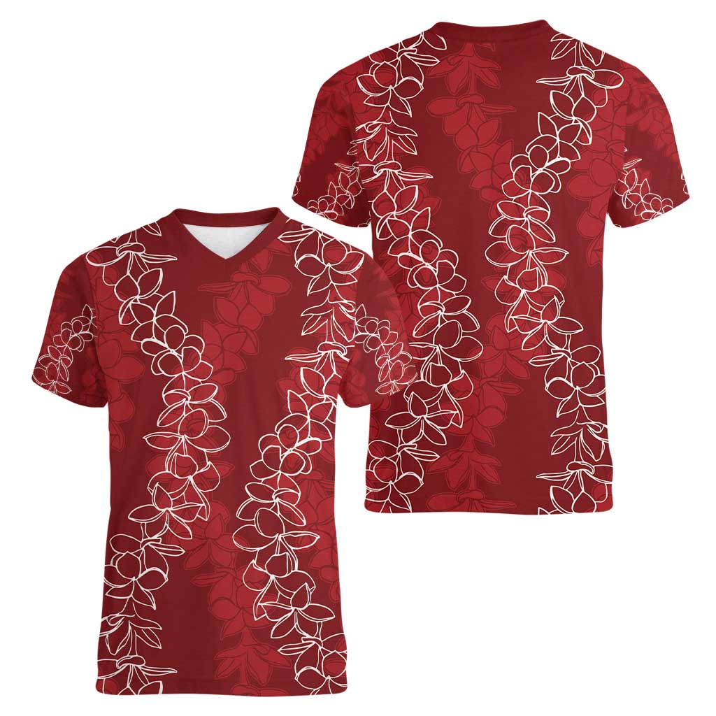 Hawaii Plumeria Lei Women V-Neck T-Shirt Aloha Festive Vibe - Crimson LT7 - Polynesian Pride