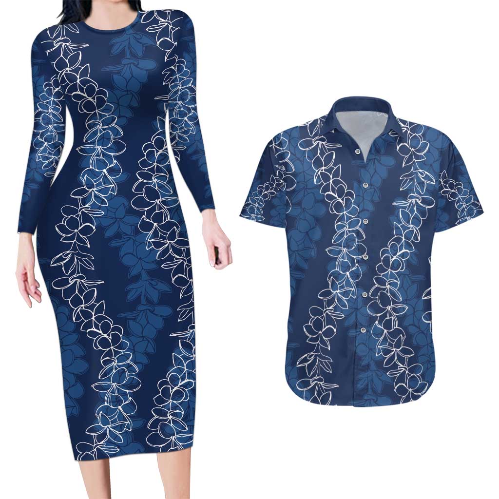 Hawaii Plumeria Lei Couples Matching Long Sleeve Bodycon Dress and Hawaiian Shirt Aloha Festive Vibe - Navy Blue LT7 Navy Blue - Polynesian Pride