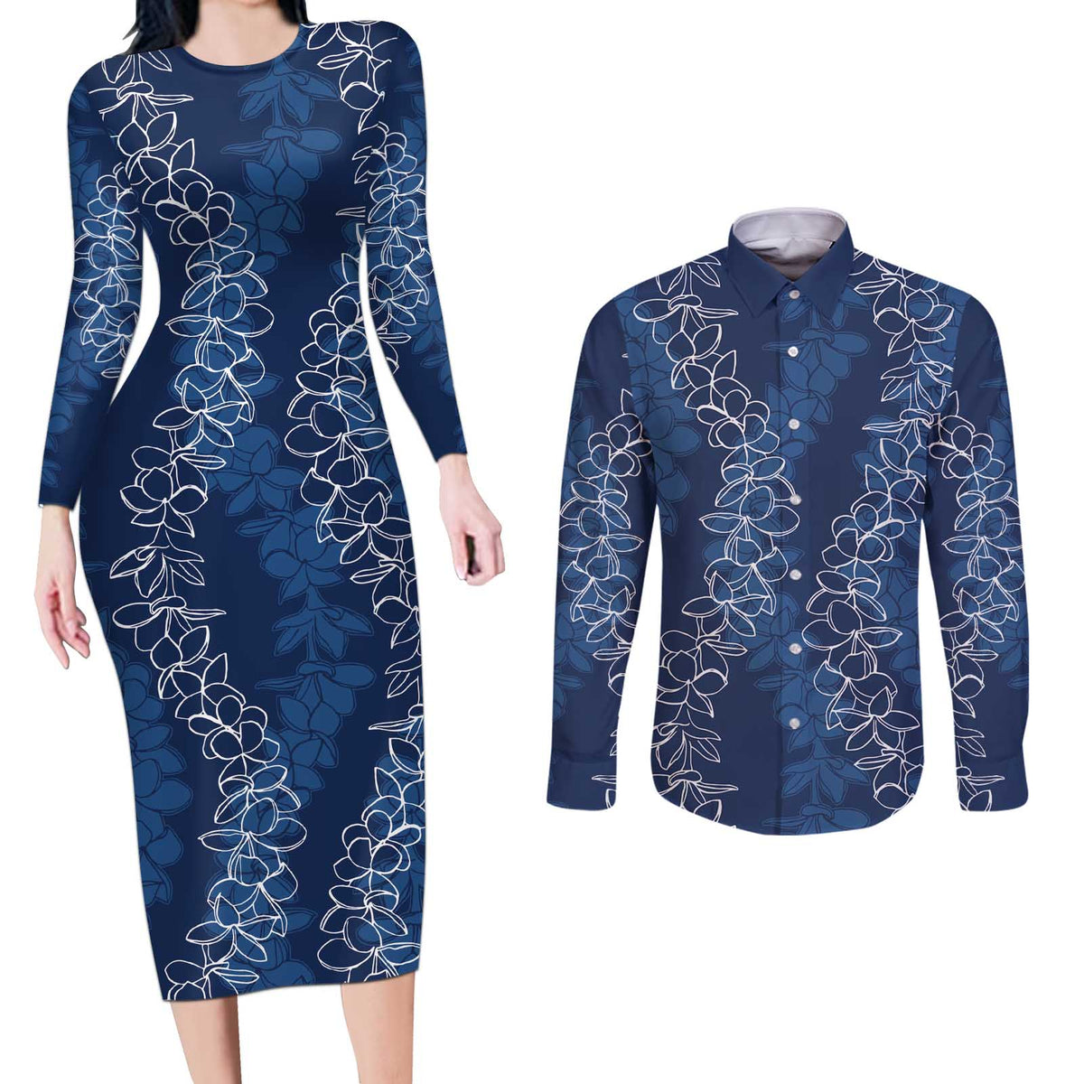 Hawaii Plumeria Lei Couples Matching Long Sleeve Bodycon Dress and Long Sleeve Button Shirt Aloha Festive Vibe - Navy Blue LT7 Navy Blue - Polynesian Pride