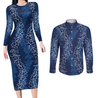 Hawaii Plumeria Lei Couples Matching Long Sleeve Bodycon Dress and Long Sleeve Button Shirt Aloha Festive Vibe - Navy Blue LT7 Navy Blue - Polynesian Pride