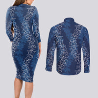 Hawaii Plumeria Lei Couples Matching Long Sleeve Bodycon Dress and Long Sleeve Button Shirt Aloha Festive Vibe - Navy Blue LT7 - Polynesian Pride
