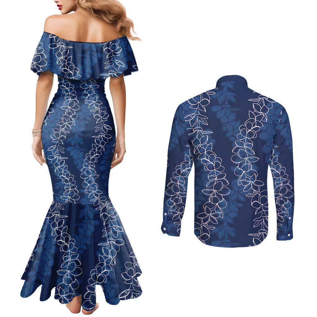 Hawaii Plumeria Lei Couples Matching Mermaid Dress and Long Sleeve Button Shirt Aloha Festive Vibe - Navy Blue LT7 - Polynesian Pride
