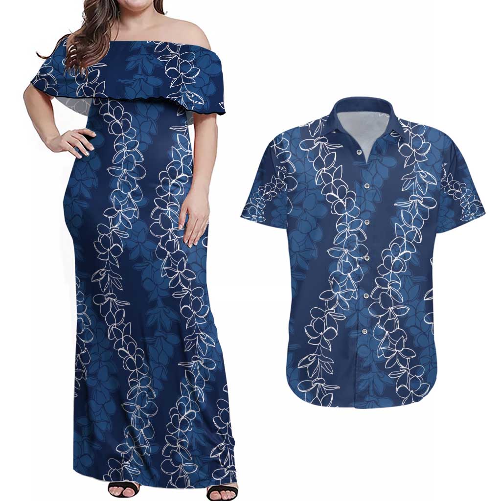 Hawaii Plumeria Lei Couples Matching Off Shoulder Maxi Dress and Hawaiian Shirt Aloha Festive Vibe - Navy Blue LT7 Navy Blue - Polynesian Pride