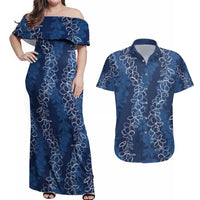 Hawaii Plumeria Lei Couples Matching Off Shoulder Maxi Dress and Hawaiian Shirt Aloha Festive Vibe - Navy Blue LT7 Navy Blue - Polynesian Pride