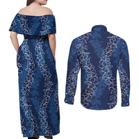 Hawaii Plumeria Lei Couples Matching Off Shoulder Maxi Dress and Long Sleeve Button Shirt Aloha Festive Vibe - Navy Blue LT7 - Polynesian Pride