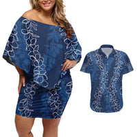 Hawaii Plumeria Lei Couples Matching Off Shoulder Short Dress and Hawaiian Shirt Aloha Festive Vibe - Navy Blue LT7 Navy Blue - Polynesian Pride