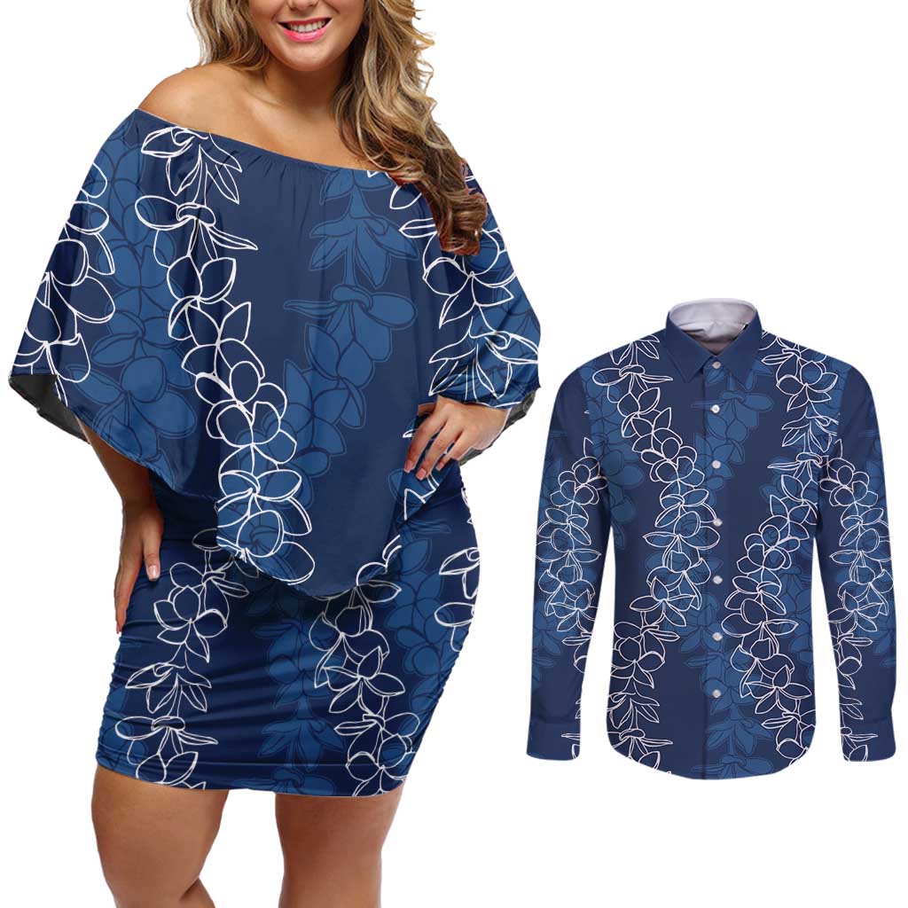 Hawaii Plumeria Lei Couples Matching Off Shoulder Short Dress and Long Sleeve Button Shirt Aloha Festive Vibe - Navy Blue LT7 Navy Blue - Polynesian Pride