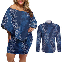 Hawaii Plumeria Lei Couples Matching Off Shoulder Short Dress and Long Sleeve Button Shirt Aloha Festive Vibe - Navy Blue LT7 Navy Blue - Polynesian Pride