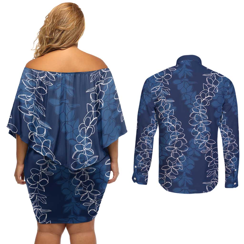 Hawaii Plumeria Lei Couples Matching Off Shoulder Short Dress and Long Sleeve Button Shirt Aloha Festive Vibe - Navy Blue LT7 - Polynesian Pride