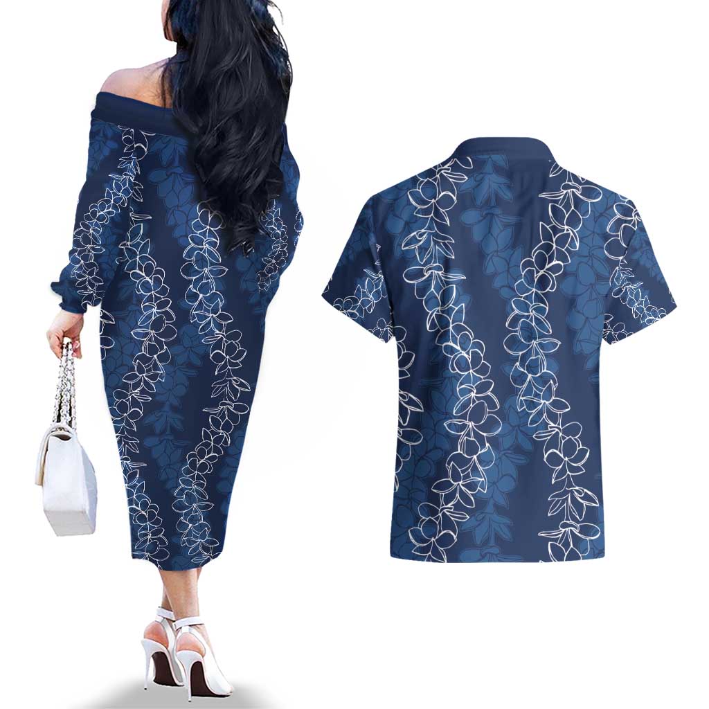 Hawaii Plumeria Lei Couples Matching Off The Shoulder Long Sleeve Dress and Hawaiian Shirt Aloha Festive Vibe - Navy Blue LT7 - Polynesian Pride