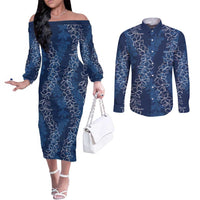 Hawaii Plumeria Lei Couples Matching Off The Shoulder Long Sleeve Dress and Long Sleeve Button Shirt Aloha Festive Vibe - Navy Blue LT7 Navy Blue - Polynesian Pride