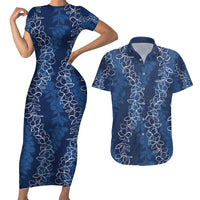 Hawaii Plumeria Lei Couples Matching Short Sleeve Bodycon Dress and Hawaiian Shirt Aloha Festive Vibe - Navy Blue LT7 Navy Blue - Polynesian Pride