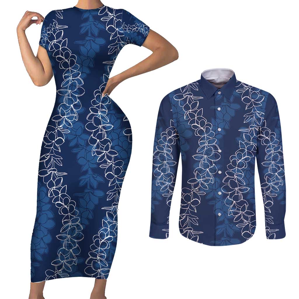 Hawaii Plumeria Lei Couples Matching Short Sleeve Bodycon Dress and Long Sleeve Button Shirt Aloha Festive Vibe - Navy Blue LT7 Navy Blue - Polynesian Pride