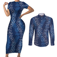 Hawaii Plumeria Lei Couples Matching Short Sleeve Bodycon Dress and Long Sleeve Button Shirt Aloha Festive Vibe - Navy Blue LT7 Navy Blue - Polynesian Pride