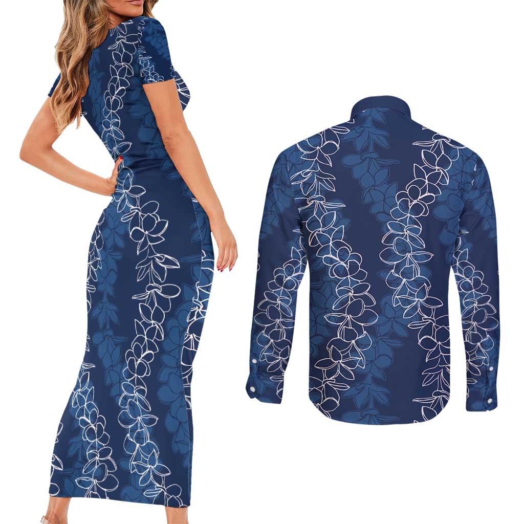 Hawaii Plumeria Lei Couples Matching Short Sleeve Bodycon Dress and Long Sleeve Button Shirt Aloha Festive Vibe - Navy Blue LT7 - Polynesian Pride
