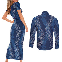 Hawaii Plumeria Lei Couples Matching Short Sleeve Bodycon Dress and Long Sleeve Button Shirt Aloha Festive Vibe - Navy Blue LT7 - Polynesian Pride