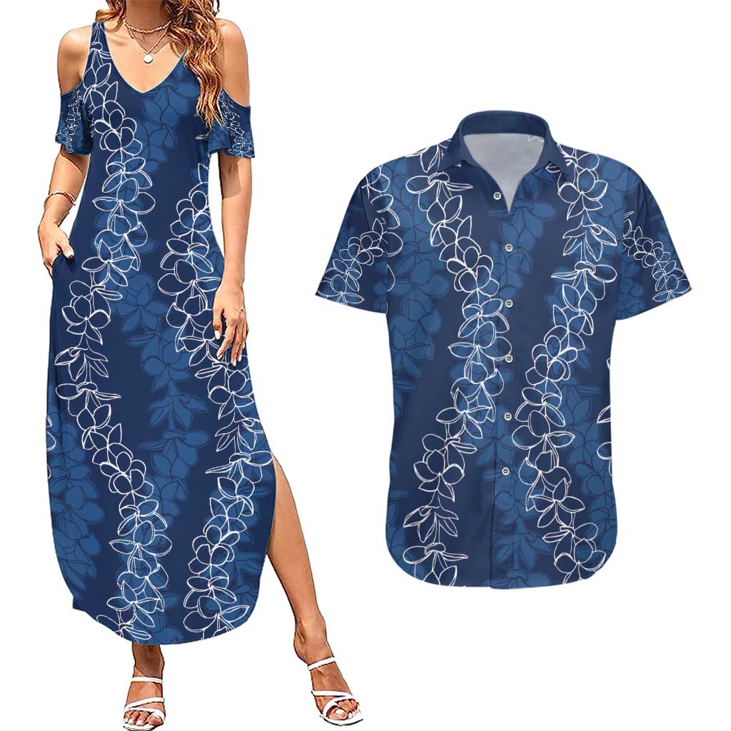 Hawaii Plumeria Lei Couples Matching Summer Maxi Dress and Hawaiian Shirt Aloha Festive Vibe - Navy Blue LT7 Navy Blue - Polynesian Pride