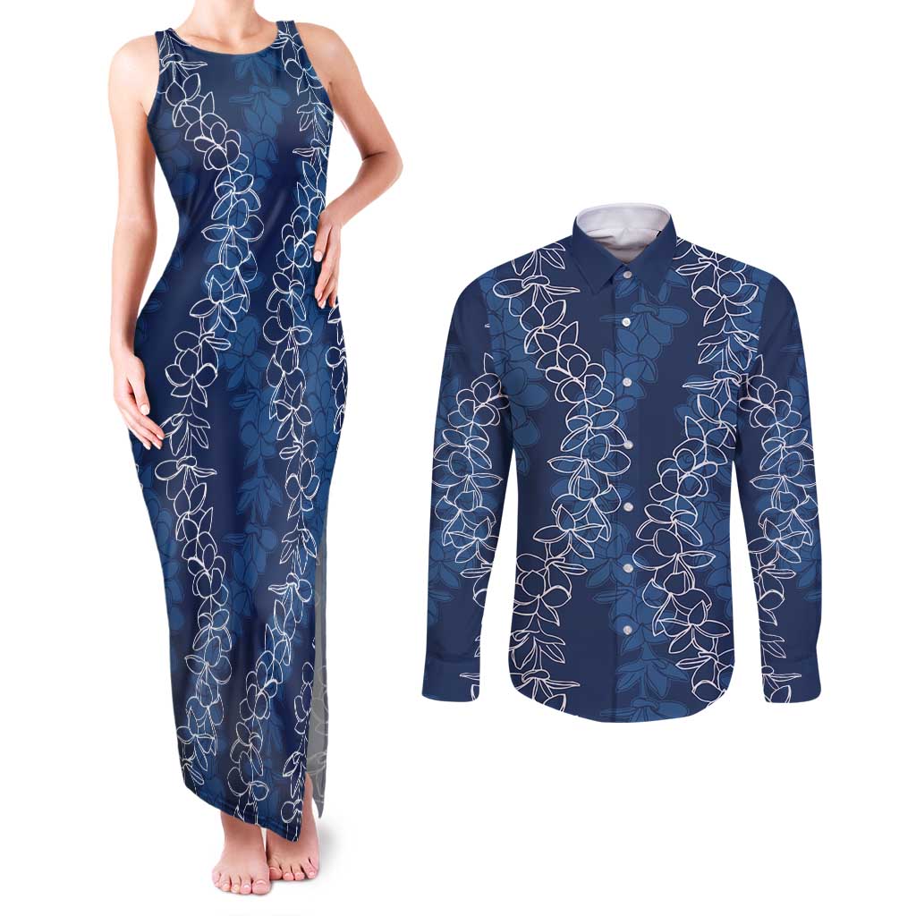 Hawaii Plumeria Lei Couples Matching Tank Maxi Dress and Long Sleeve Button Shirt Aloha Festive Vibe - Navy Blue LT7 Navy Blue - Polynesian Pride