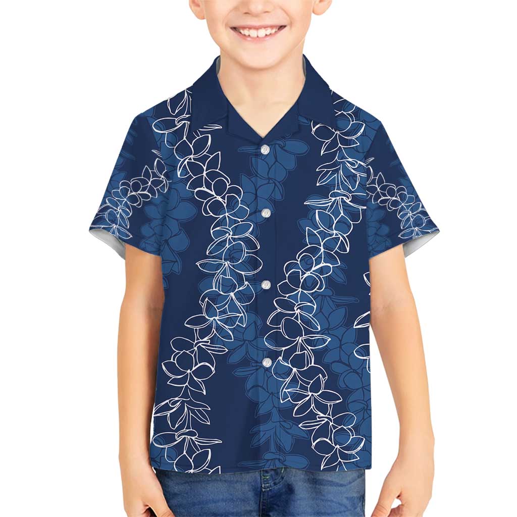 Hawaii Plumeria Lei Family Matching Long Sleeve Bodycon Dress and Hawaiian Shirt Aloha Festive Vibe - Navy Blue LT7 Son's Shirt Navy Blue - Polynesian Pride