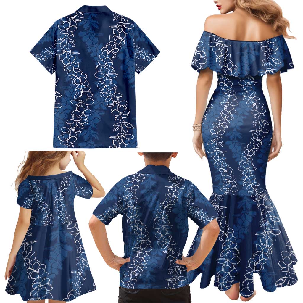 Hawaii Plumeria Lei Family Matching Mermaid Dress and Hawaiian Shirt Aloha Festive Vibe - Navy Blue LT7 - Polynesian Pride