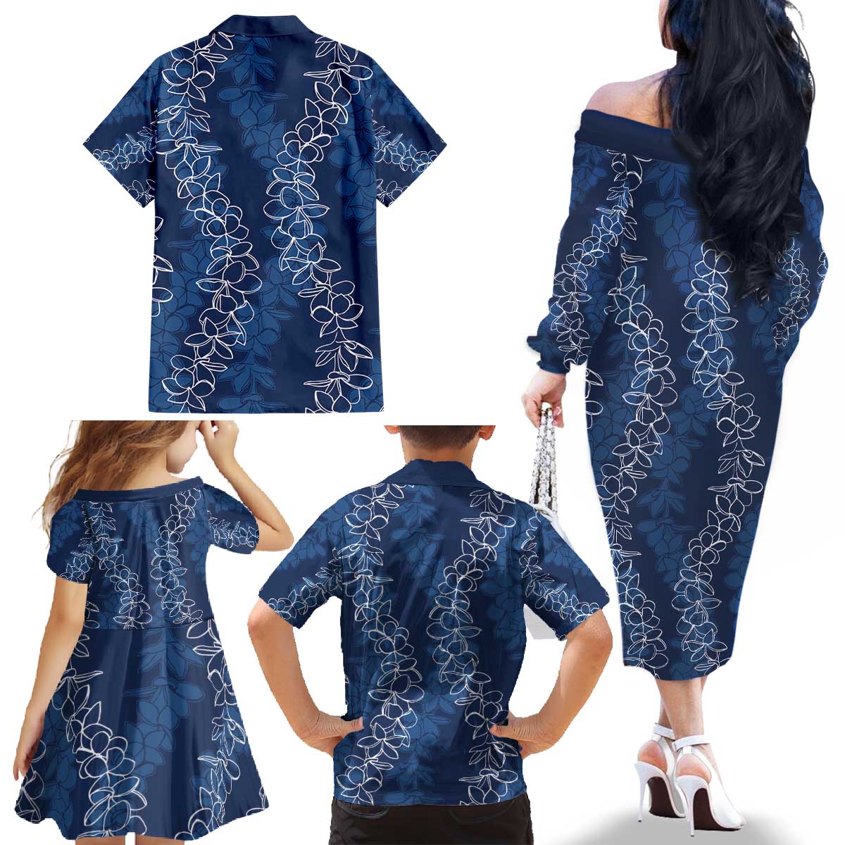 Hawaii Plumeria Lei Family Matching Off The Shoulder Long Sleeve Dress and Hawaiian Shirt Aloha Festive Vibe - Navy Blue LT7 - Polynesian Pride