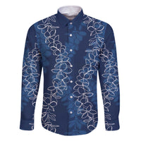 Hawaii Plumeria Lei Family Matching Off The Shoulder Long Sleeve Dress and Hawaiian Shirt Aloha Festive Vibe - Navy Blue LT7 Dad's Shirt - Long Sleeve Navy Blue - Polynesian Pride