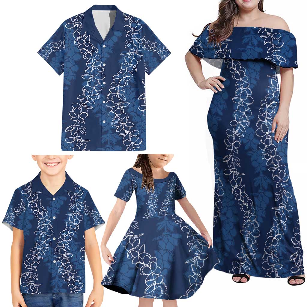 Hawaii Plumeria Lei Family Matching Off Shoulder Maxi Dress and Hawaiian Shirt Aloha Festive Vibe - Navy Blue LT7 - Polynesian Pride