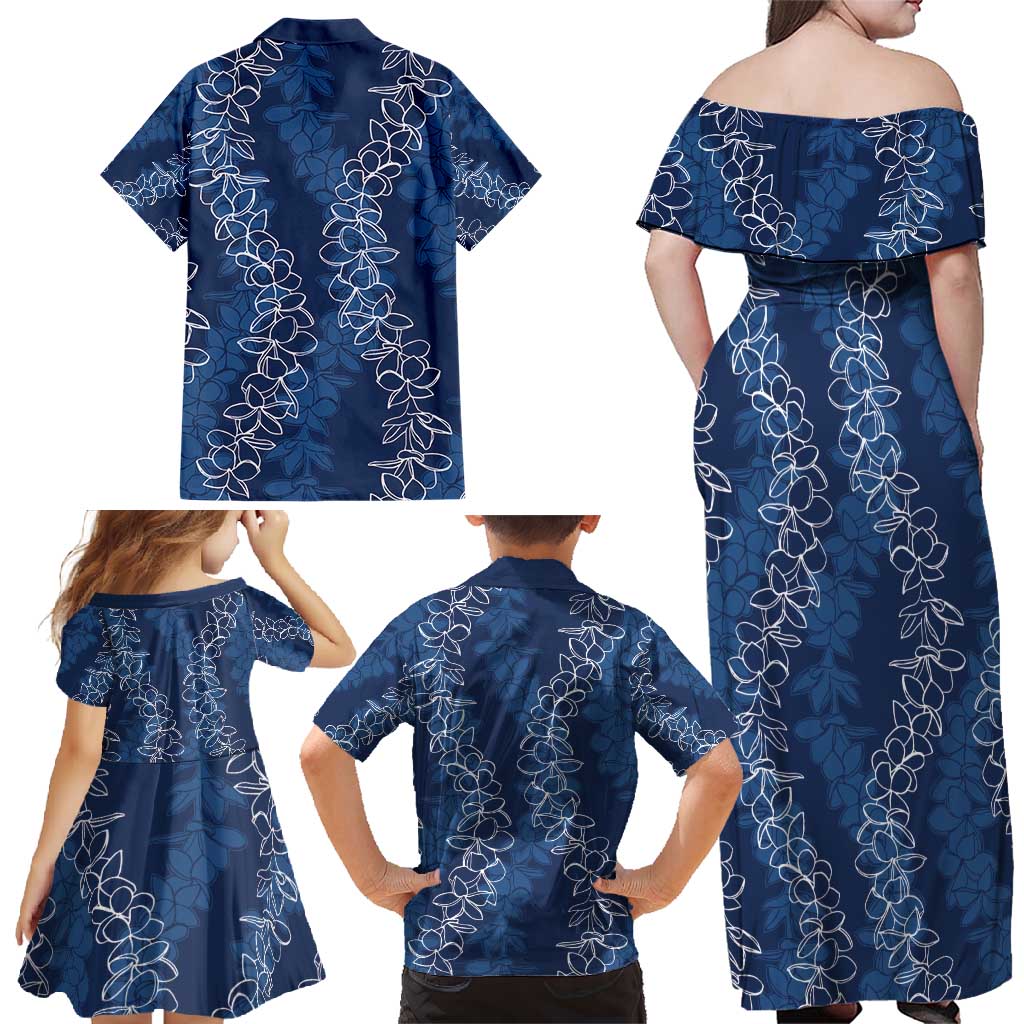 Hawaii Plumeria Lei Family Matching Off Shoulder Maxi Dress and Hawaiian Shirt Aloha Festive Vibe - Navy Blue LT7 - Polynesian Pride