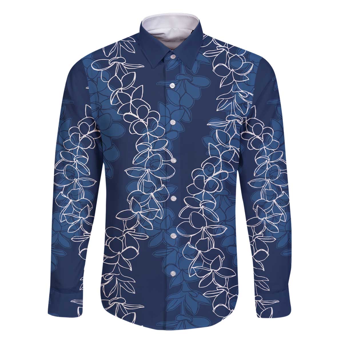 Hawaii Plumeria Lei Family Matching Off Shoulder Short Dress and Hawaiian Shirt Aloha Festive Vibe - Navy Blue LT7 Dad's Shirt - Long Sleeve Navy Blue - Polynesian Pride