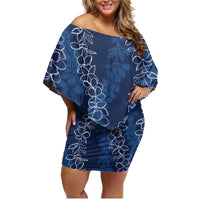 Hawaii Plumeria Lei Family Matching Off Shoulder Short Dress and Hawaiian Shirt Aloha Festive Vibe - Navy Blue LT7 Mom's Dress Navy Blue - Polynesian Pride