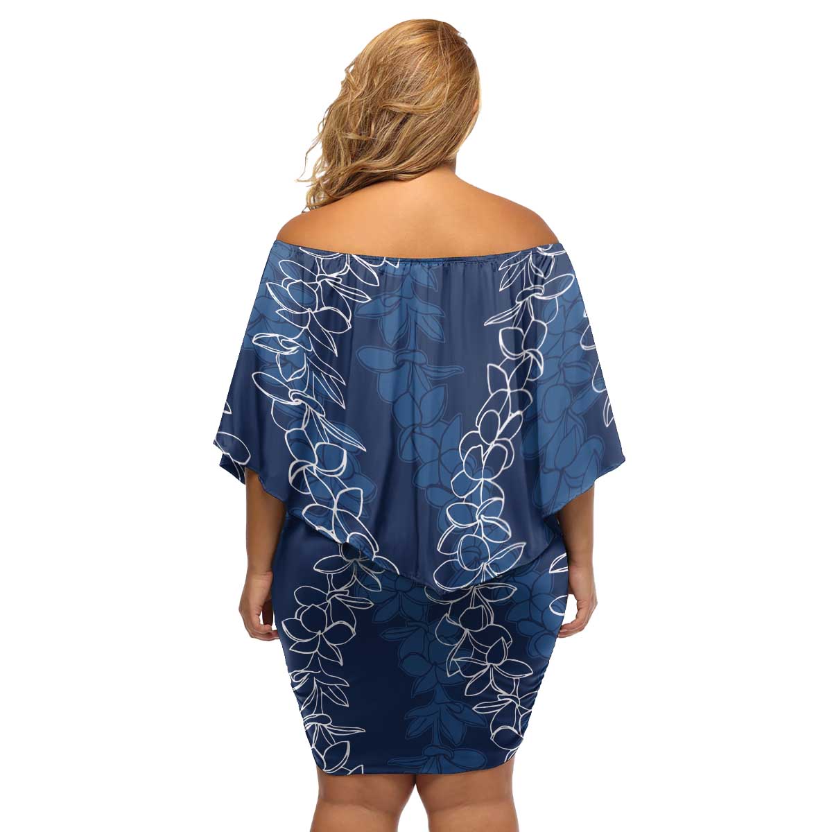 Hawaii Plumeria Lei Family Matching Off Shoulder Short Dress and Hawaiian Shirt Aloha Festive Vibe - Navy Blue LT7 - Polynesian Pride