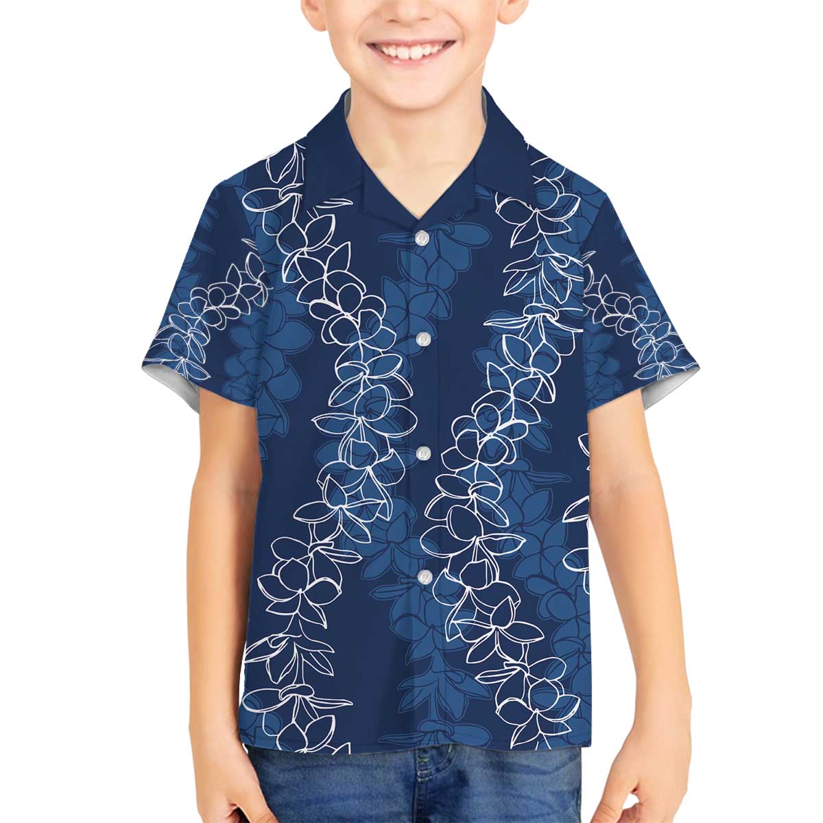 Hawaii Plumeria Lei Family Matching Off Shoulder Short Dress and Hawaiian Shirt Aloha Festive Vibe - Navy Blue LT7 Son's Shirt Navy Blue - Polynesian Pride