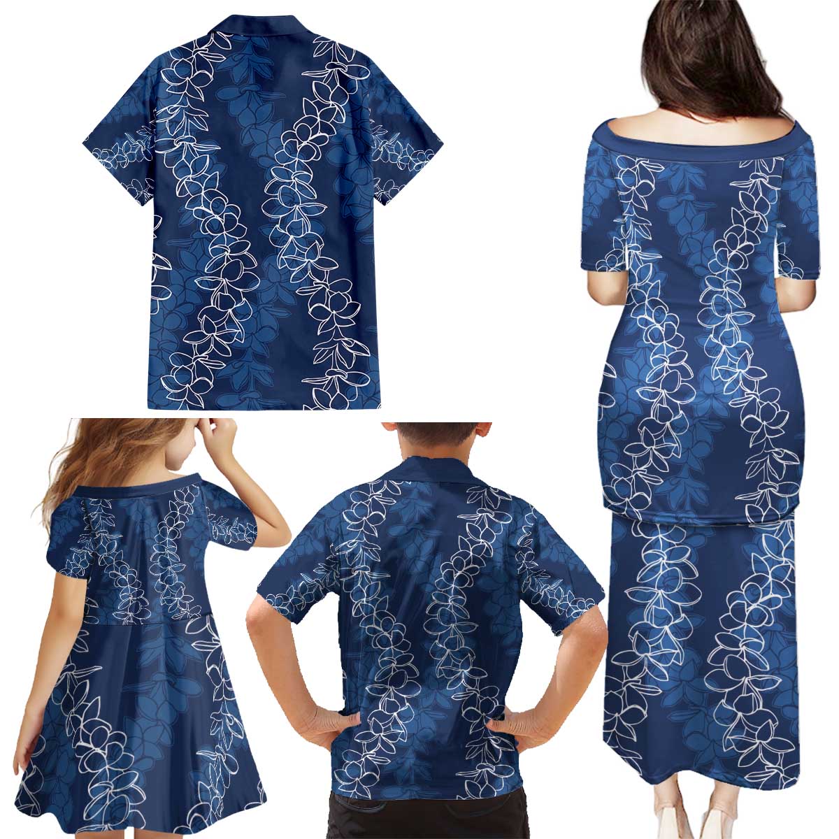 Hawaii Plumeria Lei Family Matching Puletasi and Hawaiian Shirt Aloha Festive Vibe - Navy Blue LT7 - Polynesian Pride