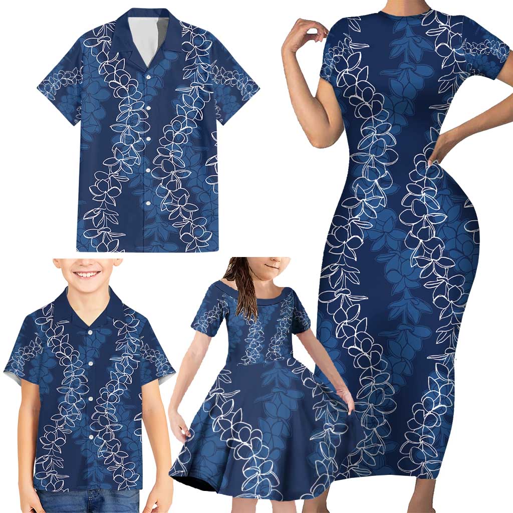 Hawaii Plumeria Lei Family Matching Short Sleeve Bodycon Dress and Hawaiian Shirt Aloha Festive Vibe - Navy Blue LT7 - Polynesian Pride