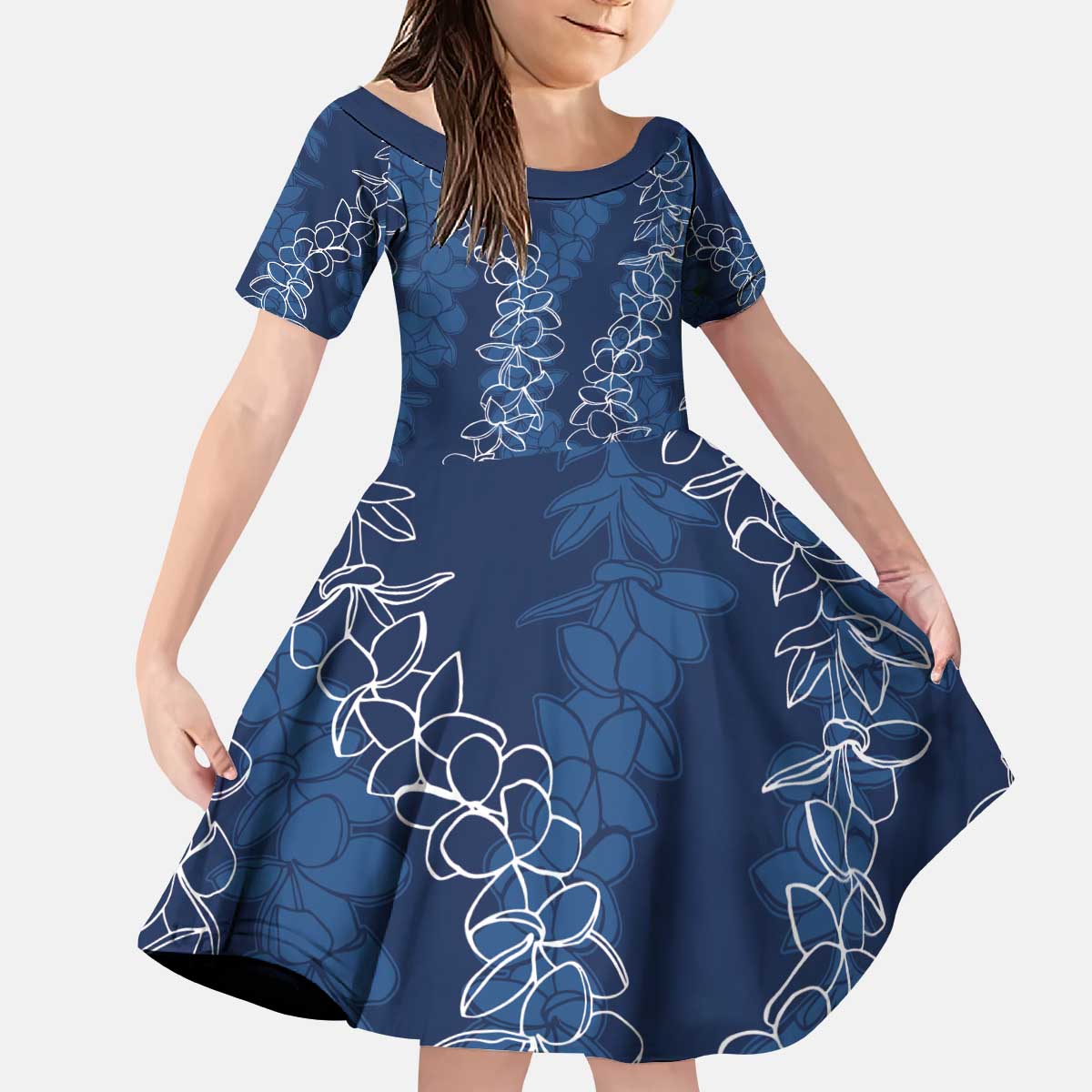Hawaii Plumeria Lei Kid Short Sleeve Dress Aloha Festive Vibe - Navy Blue