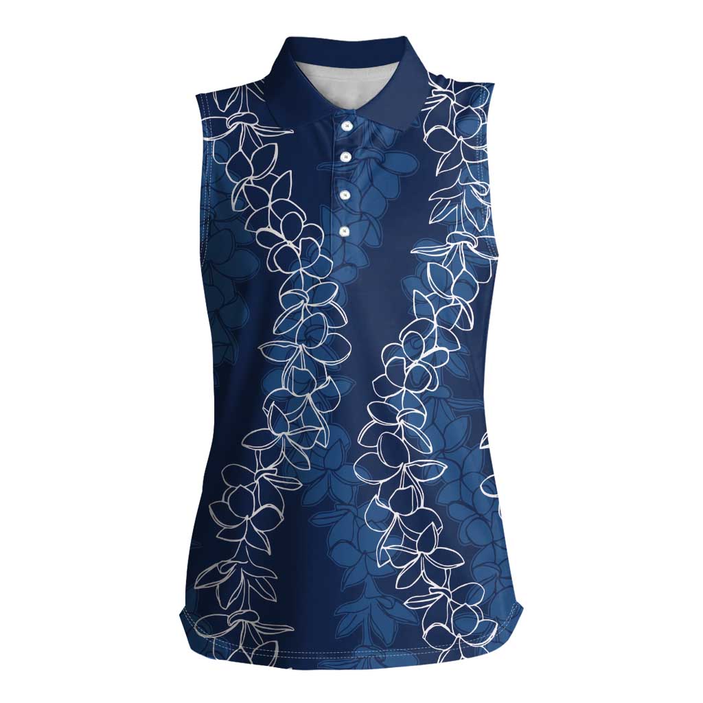 Hawaii Plumeria Lei Women Sleeveless Polo Shirt Aloha Festive Vibe - Navy Blue LT7 Female Navy Blue - Polynesian Pride