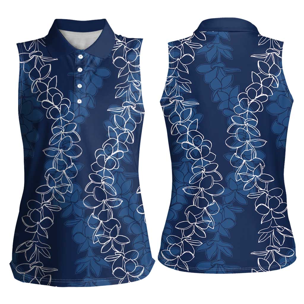 Hawaii Plumeria Lei Women Sleeveless Polo Shirt Aloha Festive Vibe - Navy Blue LT7 - Polynesian Pride