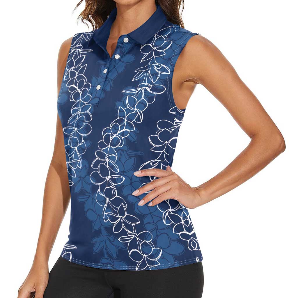 Hawaii Plumeria Lei Women Sleeveless Polo Shirt Aloha Festive Vibe - Navy Blue LT7 - Polynesian Pride